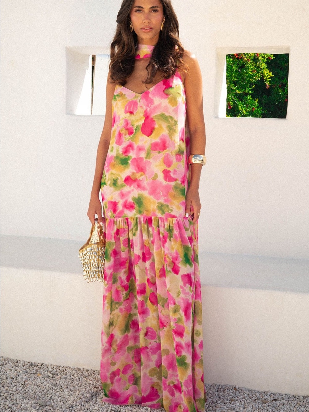 Show Me Your MuMu Pink & Green Watercolor Floral Maxi Dress